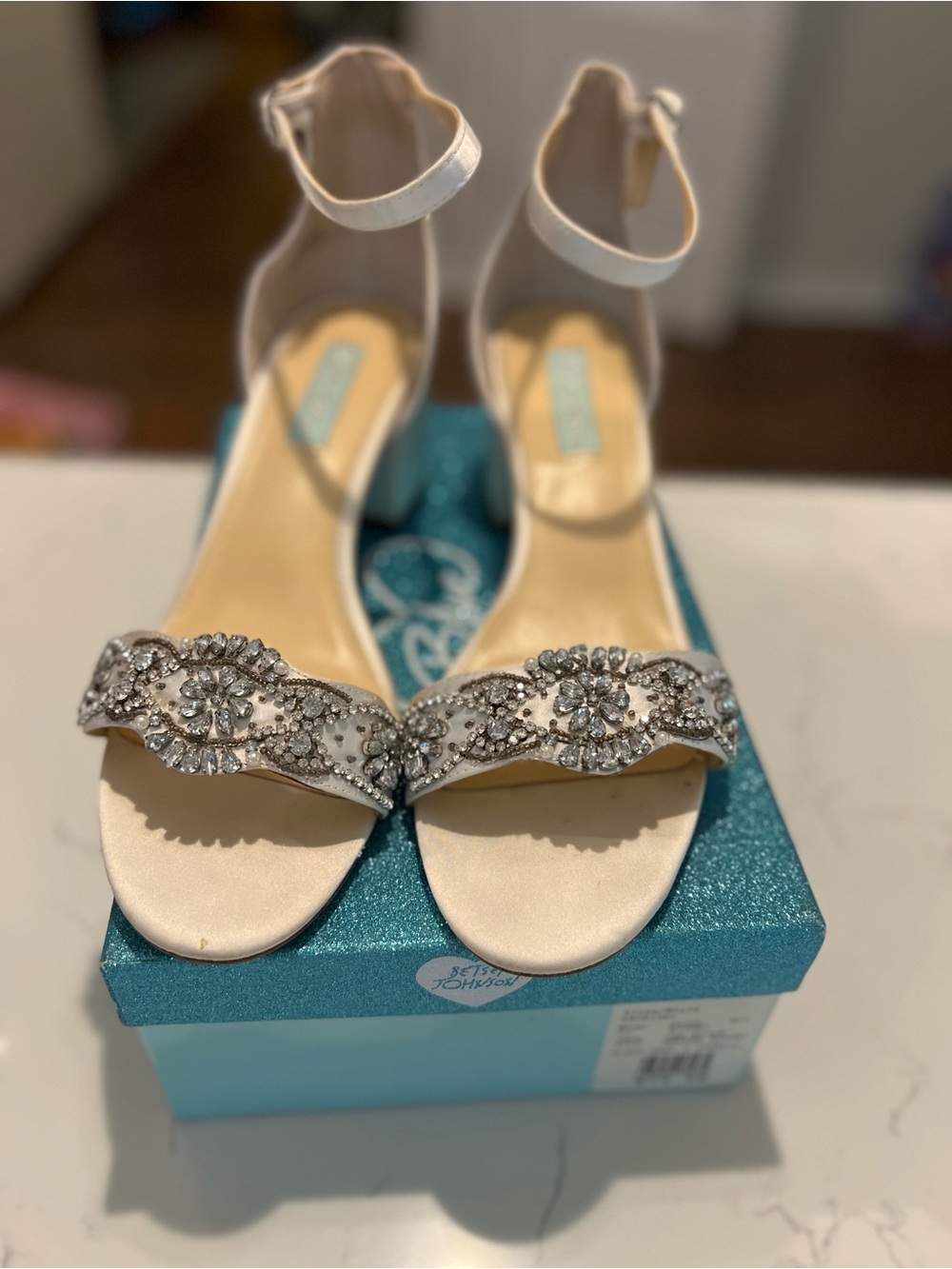 Betsey Johnson Ivory Ankle-Strap Heels with Crystal Embellishments